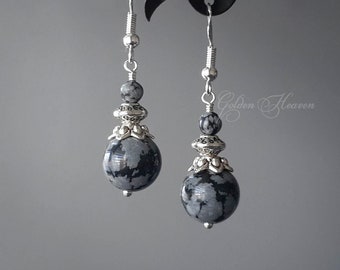 Snowflake Obsidian Earrings: Sterling Silver Hook, Tibetan Silver