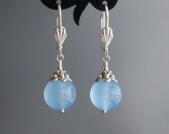 Cute Blue Earrings in Silver Blue Gemstone Earrings Jade Round Dangles Blue Silver Leverbacks