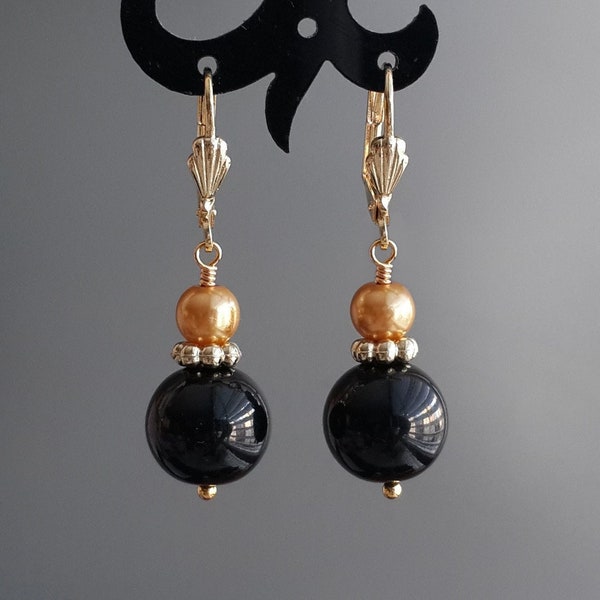 Boucles d'oreilles noires et dorées pendantes mignonnes doubles perles rondes femme Bijoux Boucles d'oreilles plaquées or