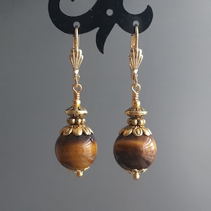 Tigers eye earrings Brown earrings for women Gold brown earrings round tiger's eye gemstone earrings beautiful jewelry leverbacks