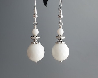 Alabaster earrings Cute white earrings Round white earrings White alabaster earrings Alabaster Jewelry 925 sterling silver hoooks Tibetan