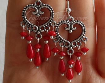 Red Coral Chandelier Earrings With 925 Sterling Silver Hooks - Tibetan Style, Women's 2 thumbnail image