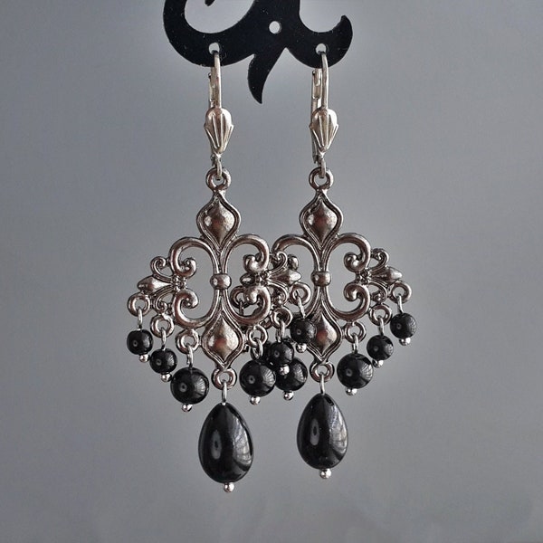 Boucles d'oreilles lustre noir foncé Boucles d'oreilles gothiques noires Style vintage Bijoux d'Halloween Grandes boucles d'oreilles lustre Boucles d'oreilles médiévales