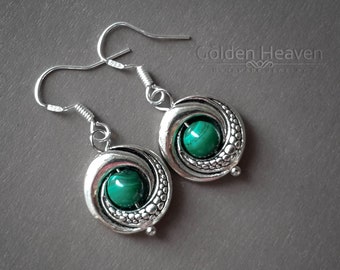 Malachite Earrings Natural Malachite Green Round Earrings Silver Small Dangles 926 Sterling Silver Hooks & Tibetan Silver Women Jewelry