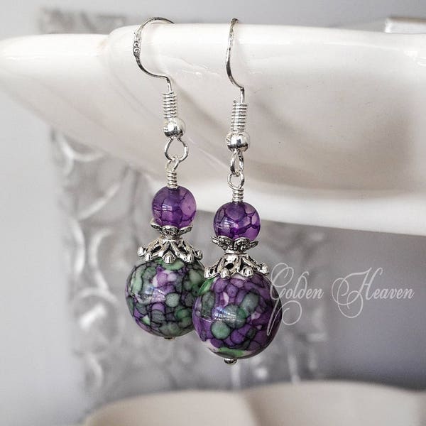 Purple Earrings Dragon Veins Agate Gemstone Earrings and purple green beads Antique silver 925 sterling silver hooks elegant gift for her