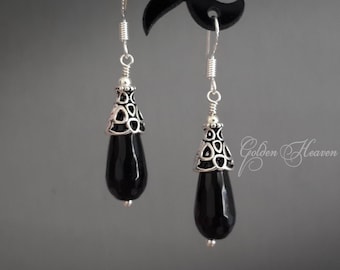 Elegant black earrings Cute black earrings Black Onyx earrings Black dangle earrings boho gift girlfriend 925 sterling silver hooks filigree