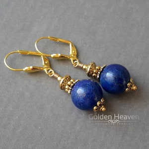 Lapis Lazuli Earrings: Gold Plated Lever Backs, Handmade Jewelry