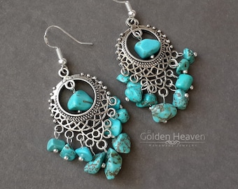 Large Turquoise chandelier earrings Boho chandelier Turquoise Chip 925 sterling Silver hooks Tibetan silver long earrings southwestern