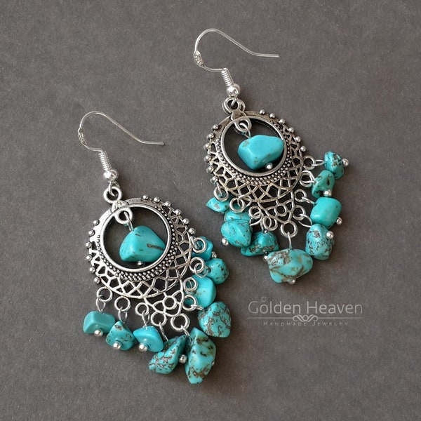 Large Turquoise chandelier earrings Boho chandelier Turquoise Chip 925 sterling Silver hooks Tibetan silver long earrings southwestern