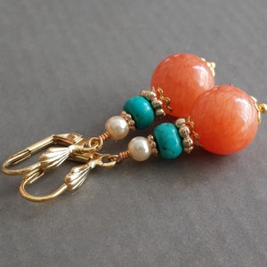 Orange Agate and Turquoise Earrings Round Drop Colorful Gemstone Women Jewelry Gold Plated Lever backs