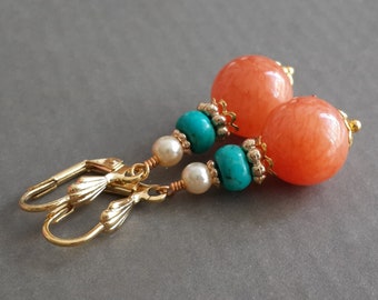 Orange Agate and Turquoise Earrings Round Drop Colorful Gemstone Women Jewelry Gold Plated Lever backs