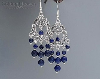 Dark Blue Lapis Lazuli Chandelier Earrings Women Boho Gemstone Jewelry 925 sterling silver hooks & Tibetan silver