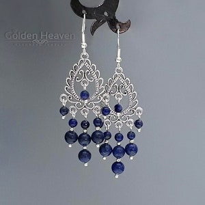 Dark Blue Lapis Lazuli Chandelier Earrings Women Boho Gemstone Jewelry 925 sterling silver hooks & Tibetan silver