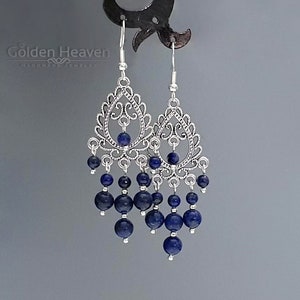 Dark Blue Lapis Lazuli Chandelier Earrings Women Boho Gemstone Jewelry 925 sterling silver hooks & Tibetan silver image 1