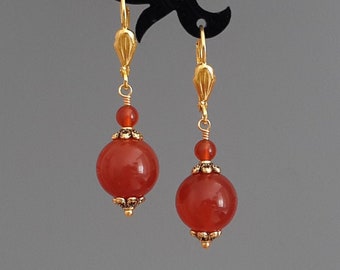 Red Carnelian Gemstone Earrings, Gold Plated Leverbacks