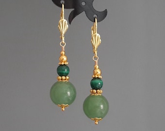 Aventurine & Malachite Earrings Green Natural Stone Gold Plated Leverbacks