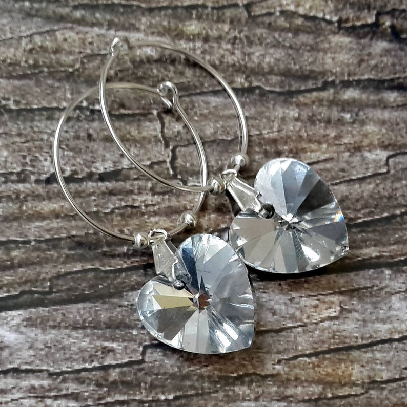 Heart shaped earrings silver Heart earrings hoops Crystal hearts earrings silver Little love gift Crystal earrings Silver hearts dangles