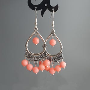 Brincos de lustre de coral, joias de coral rosa, brincos de pêssego rosa, joias, brincos longos pendurados, gancho de prata esterlina 925, prata tbetan