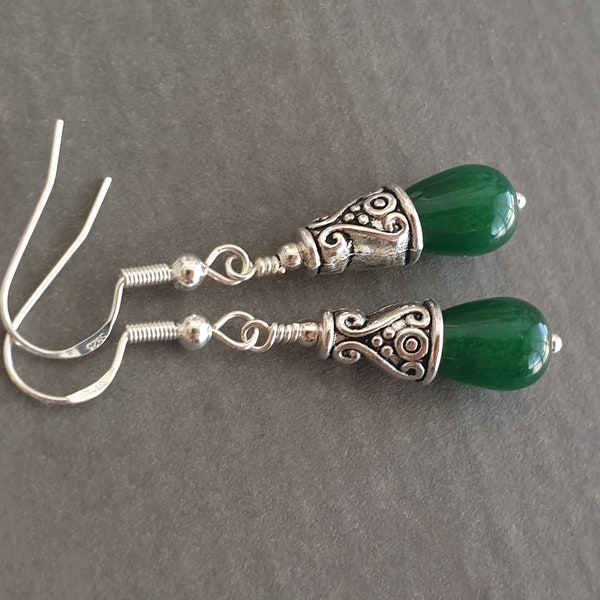 Green Jade Drop Earrings Natural Gemstone Jewelry Teardrop 925 Sterling Silver Hooks & Tibetan Slver
