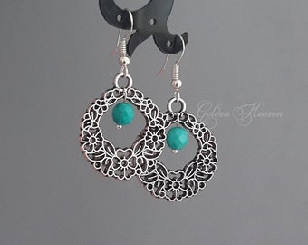 Silver Filigree Hoop Earrings with Turquoise Stone Tibetan Silver and 925 sterling hooks Handmade Jewelry for Women