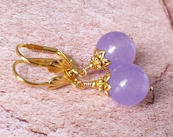 Lavender Lilac Purple Jade Earrings Jade Gold earrings round jade earrings Gold Plated Leverbacks Cute gift-for-her Jewelry light purple