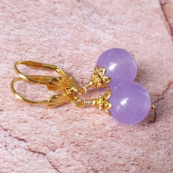 Lavender Lilac Purple Jade Earrings Round Dangles Gold Plated Lever Backs Cute Jewelry for Women in Gift Box Valentine's Day Gift!