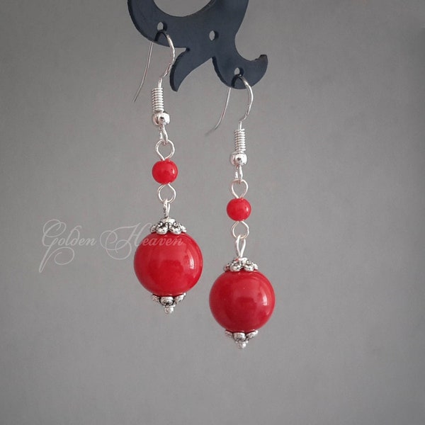 thumbnail image 2 of Natural Red Jade Gemstone Silver Hook Dangle Earrings - Vintage Handmade 2 of 6