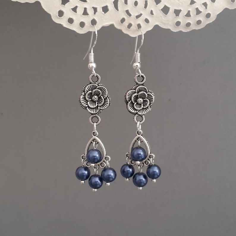 Lapis Lazuli Long Drop Teardrop Flower Floral Earrings 925 Sterling Silver Hook