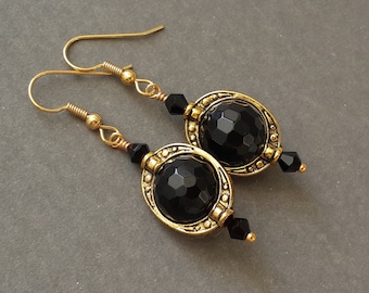Faceted Black Onyx Earrings, Gold Plated Hooks