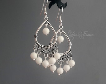 White Alabaster chandelier earrings Bridal white chandelier earrings Long white chandelier earrings 925 sterling silver hooks Tibetan Silver