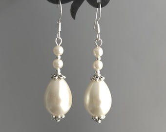Beige pearl teardrop long three bead ivory earrings 925 sterling silver hooks women Jewelry
