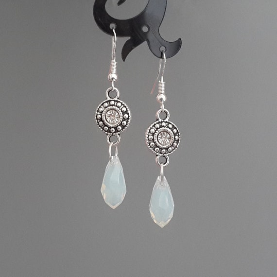 Large White Jade Earrings Round Gemstone Jewelry Women 925 sterling silver hook