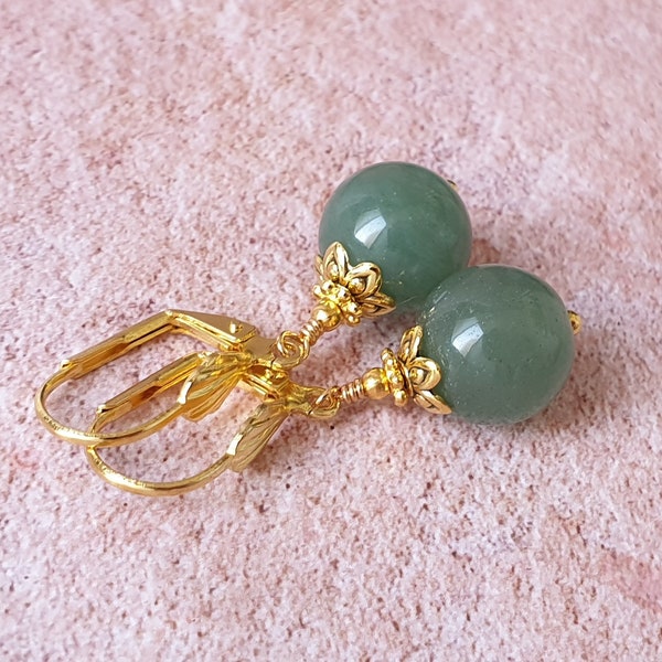 Green Jade Earrings Green Earrings Gold Round Earrings Gemstone earrings Beautiful Earrings Cute green earrings women Jewelry gift for her