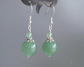 Orecchini pendenti con perlina rotonda doppia in avventurina verde in argento sterling 925