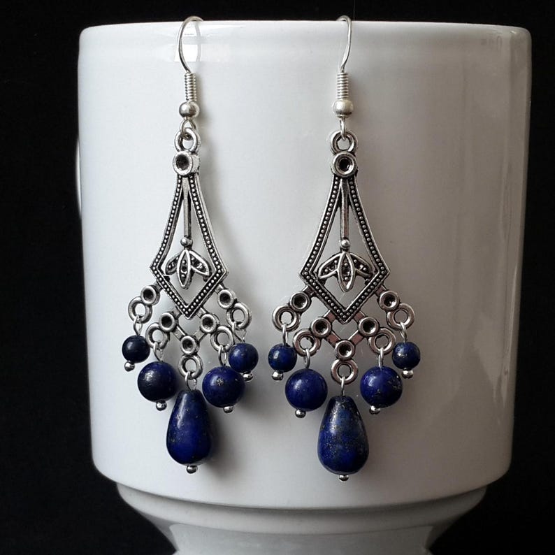 Blå art déco-örhängen i silver, kristallkronörhängen, lapis lazuli-örhängen, triangelörhängen, lapis lazuli-smycken, mycket långa silverörhängen. bild 1