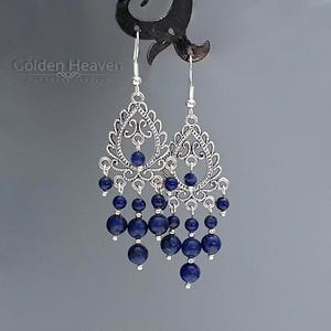 Dark Blue Lapis Lazuli Chandelier Earrings Women Boho Jewelry 925 sterling silver hooks & Tibetan silver