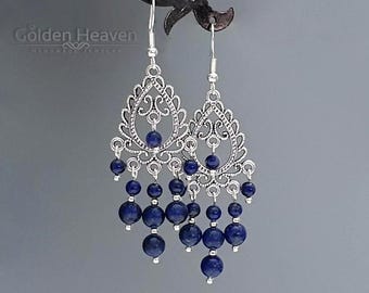 Pendientes de araña de lapislázuli azul oscuro para mujer, joyería boho, ganchos de plata de ley 925 y plata tibetana