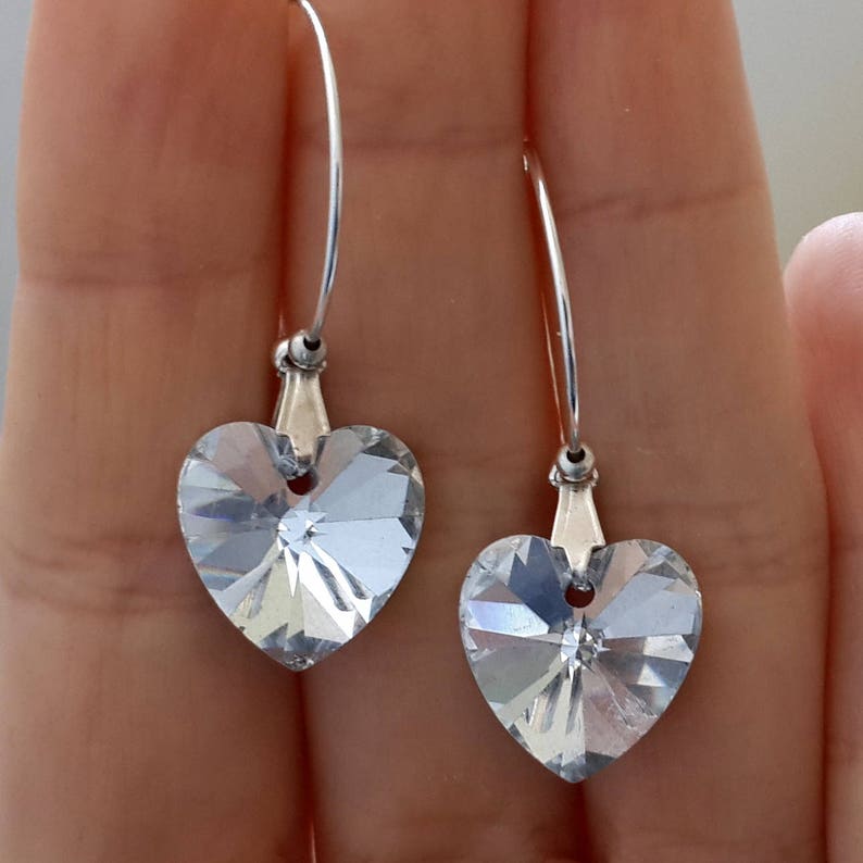 Heart shaped earrings silver Heart earrings hoops Crystal hearts earrings silver Little love gift Crystal earrings Silver hearts dangles