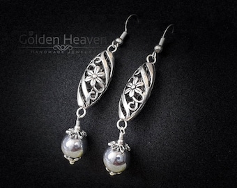 Long Oval Silver Filigree Earrings Dangle Hematite Antique Silver Earrings Tibetan Silver 925 sterling silver hooks pretty gift