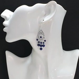 Dark Blue Lapis Lazuli Chandelier Earrings Women Boho Gemstone Jewelry 925 sterling silver hooks & Tibetan silver image 2