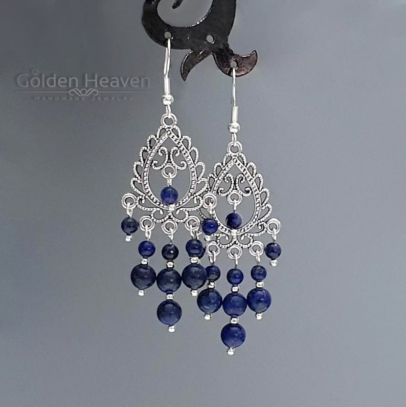 Dark Blue Lapis Lazuli Chandelier Earrings Women Boho Gemstone Jewelry 925 sterling silver hooks & Tibetan silver image 1