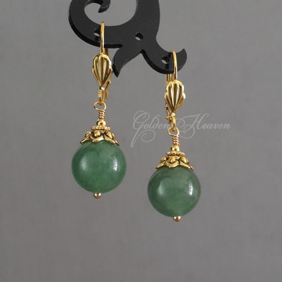 Green Jade Earrings Green Earrings Gold Round Earrings Etsy