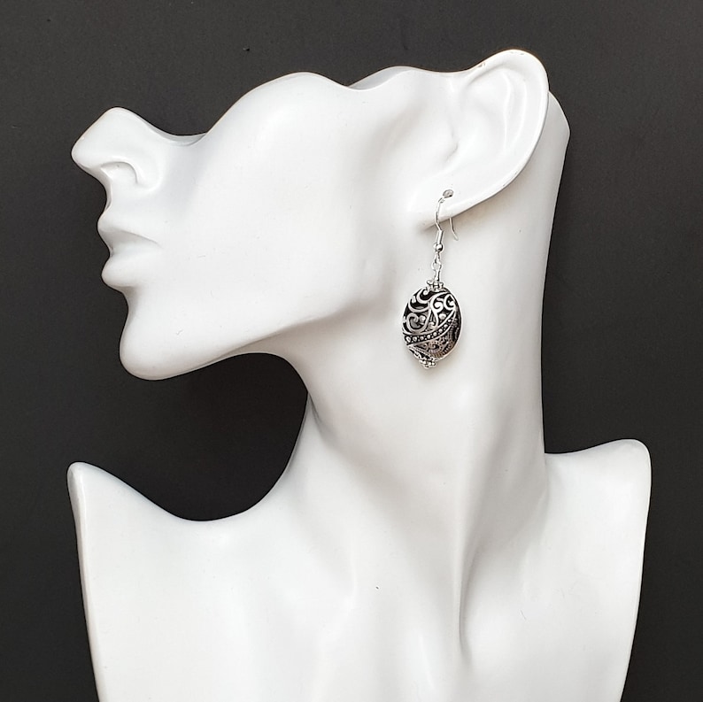 Large Oval Silver Filigree Earrings Tibetan Silver and 925 Sterling Hooks Women Jewelry image 3