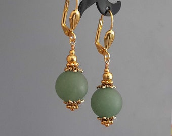 Light green earrings in Gold Matte Aventurine Frosted Earrings Round Dangle earrings cute green earrings green gemstone earrings