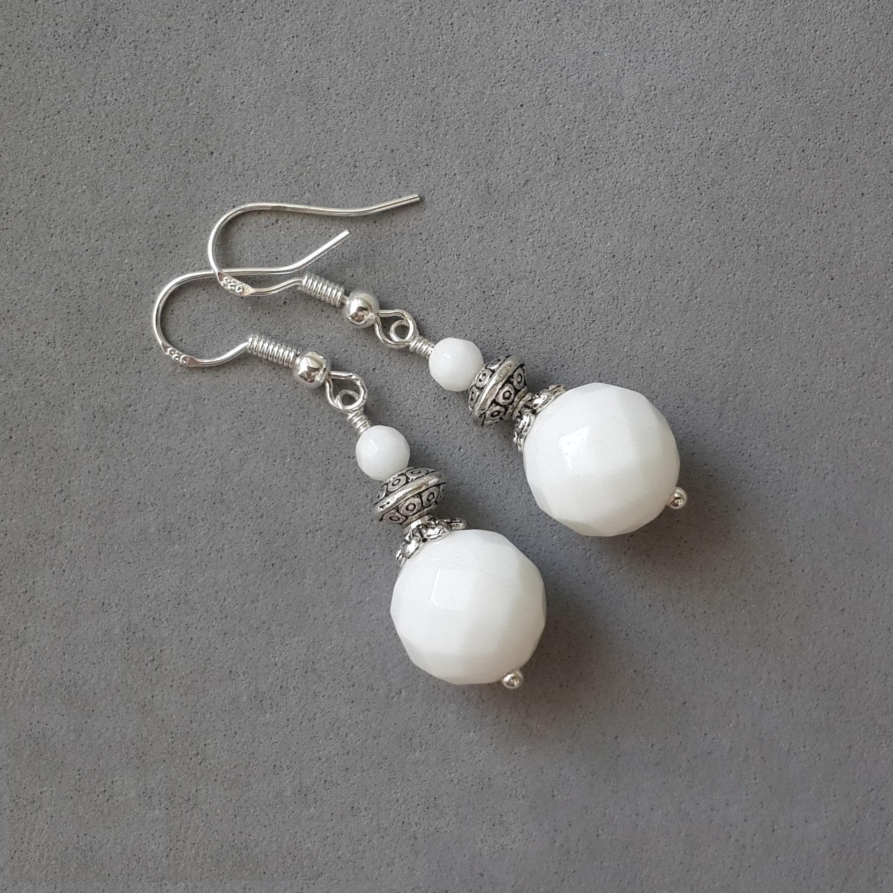 Golden Heaven Natural White Alabaster Faceted Round Earrings – 925 Sterling Silver Hooks, Dangle Drop
