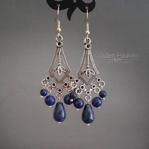 Blå art déco-örhängen i silver, kristallkronörhängen, lapis lazuli-örhängen, triangelörhängen, lapis lazuli-smycken, mycket långa silverörhängen. bild 2