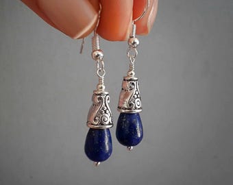 Lapis Lazuli Teardrop Earrings Lapis Earrings Tibetan Silver & 925 Sterling Silver Dark Blue Stone earrings Gemstone Cute gift Jewelry