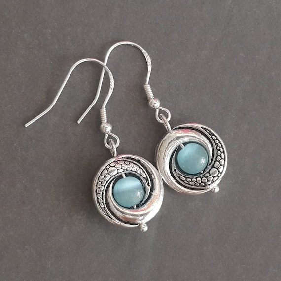 Orecchini con pietra occhio di gatto azzurro: gioielli pendenti in argento sterling 925 - Italia