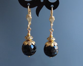 Black Onyx Earrings Gold Plated Leverbacks Round Gemstone Dangles Cute gift-for-her Women Jewelry