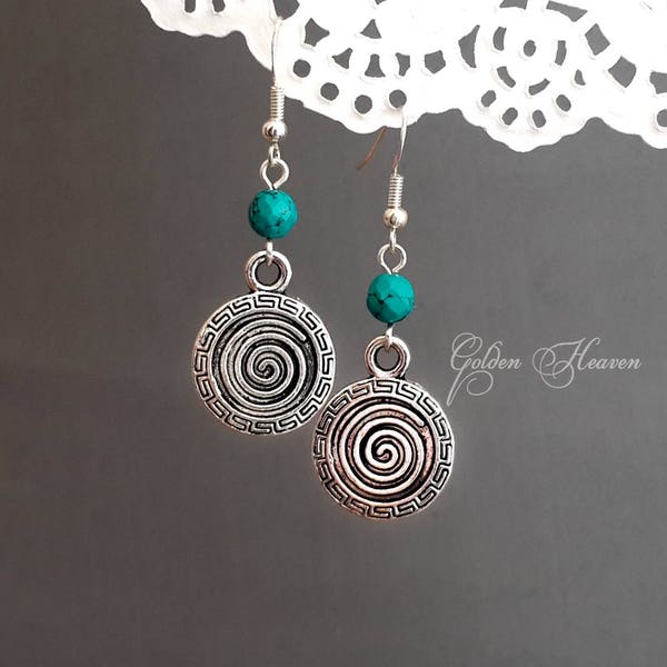 Turquoise silver boho earrings Greek symbol earrings Swirl Earrings Turquoise Boho gift girlfriend long dangle earrings  925 sterling hooks